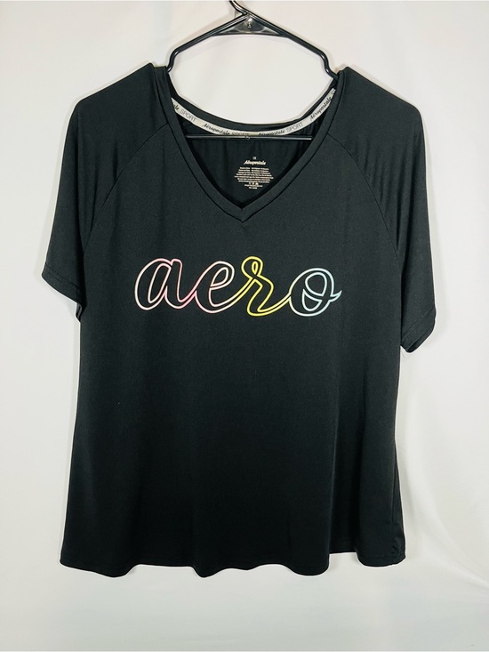 AERO Tops - Aero Black V-Neck Short Sleeve Tee with Pastel Script